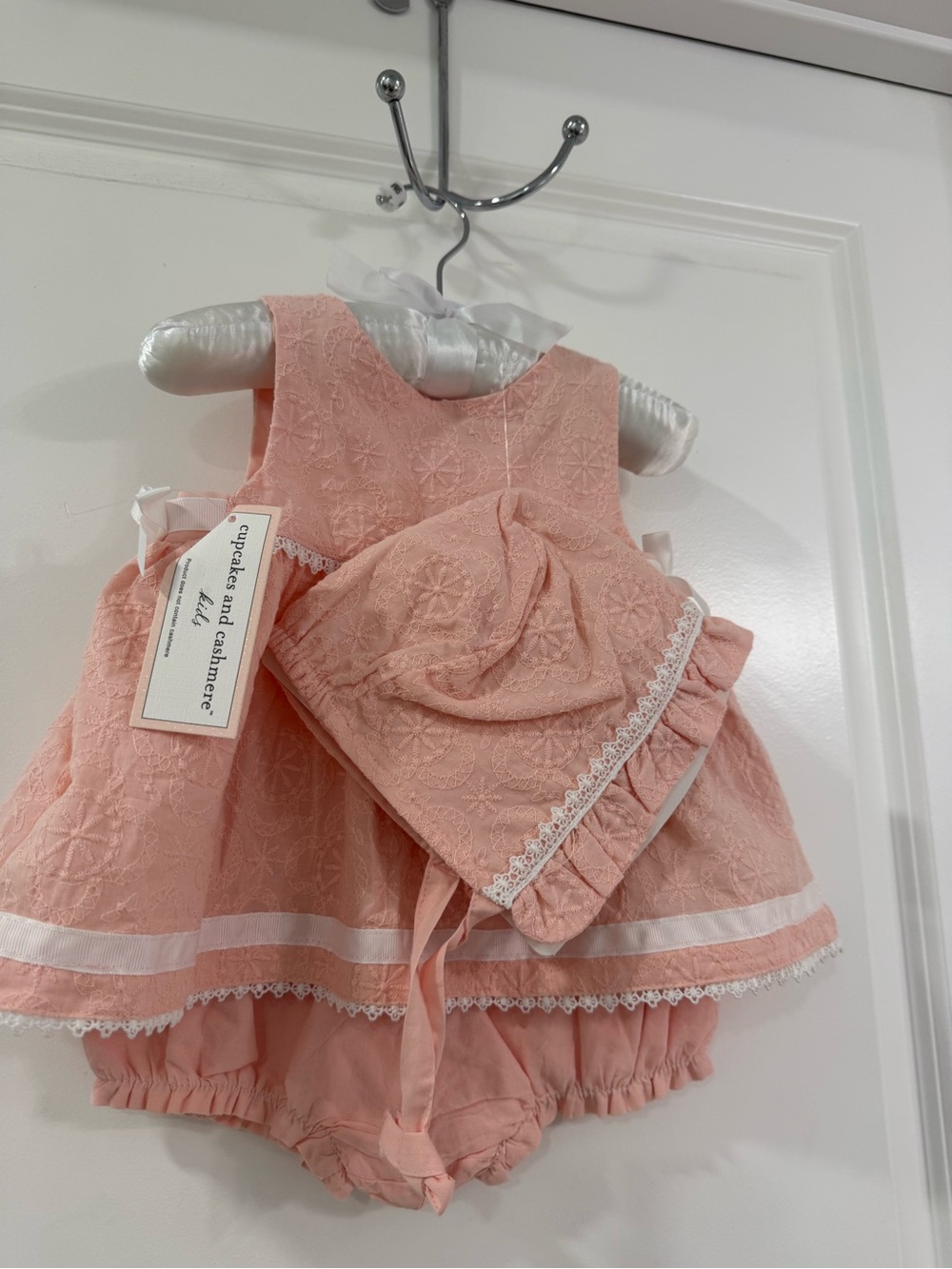 cupcakes & cashmere Peach Pink Embroidered Baby Dress with Bonnet